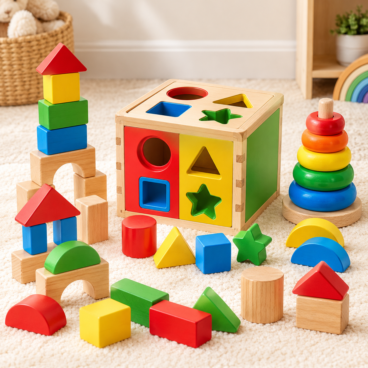 Wooden Shape Sorter and Building Block Set